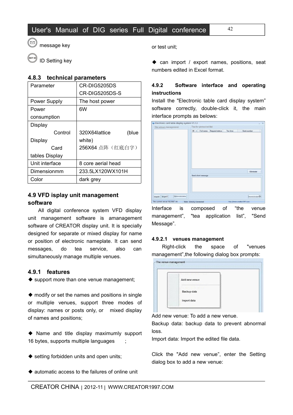 3technicalparameters, 9vfdisplayunitmanagementsoftware, 1features | 2softwareinterfaceandoperatinginstructio, 1venuesmanagement | CREATOR DIG Series Full Digital conference system User Manual | Page 49 / 61