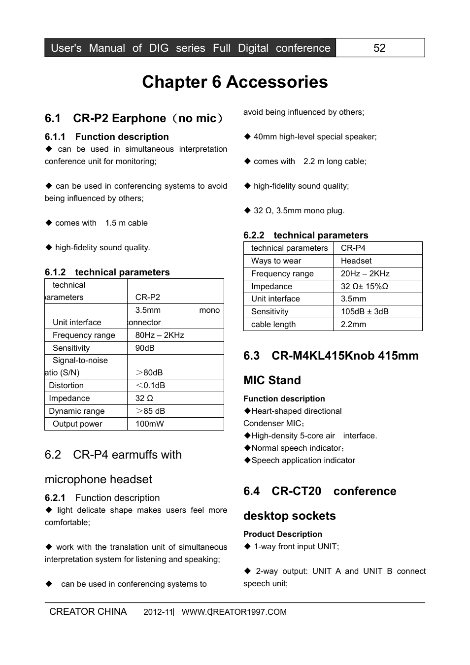 Chapter6accessories, 1cr-p2earphone(nomic, 1functiondescription | 2technicalparameters, 2cr-p4earmuffswithmicrophoneheadset, 3cr-m4kl415knob415mmmicstand, 4cr-ct20conferencedesktopsockets, Chapter 6 accessories, 1 cr-p2 earphone ( no mic, 2 cr-p4 earmuffs with microphone headset | CREATOR DIG Series Full Digital conference system User Manual | Page 59 / 61