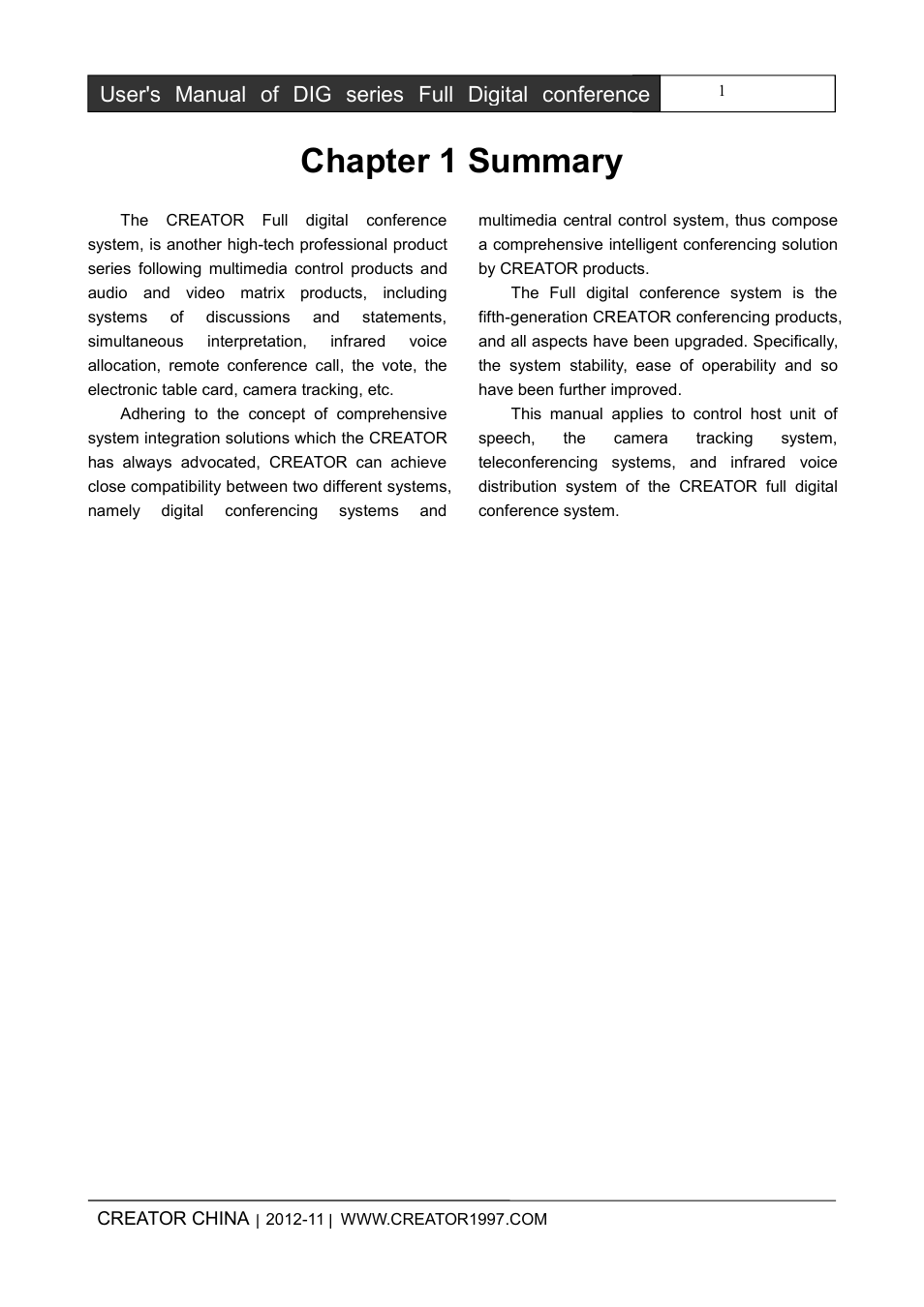 Chapter1summary, Chapter 1 summary | CREATOR DIG Series Full Digital conference system User Manual | Page 8 / 61