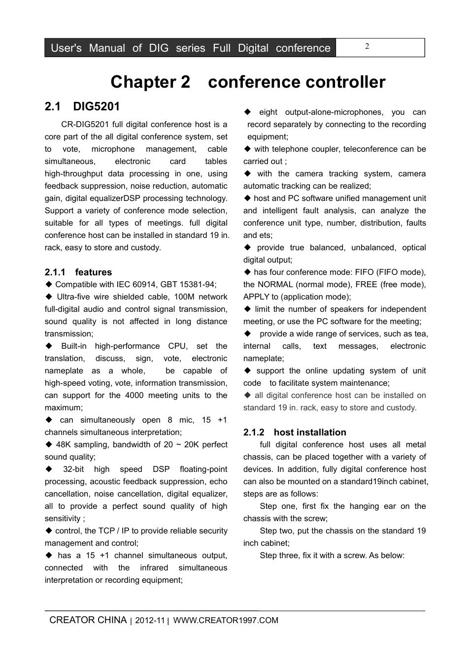 Chapter2conferencecontroller, 1dig5201, 1features | 2hostinstallation, Chapter 2 conference controller | CREATOR DIG Series Full Digital conference system User Manual | Page 9 / 61