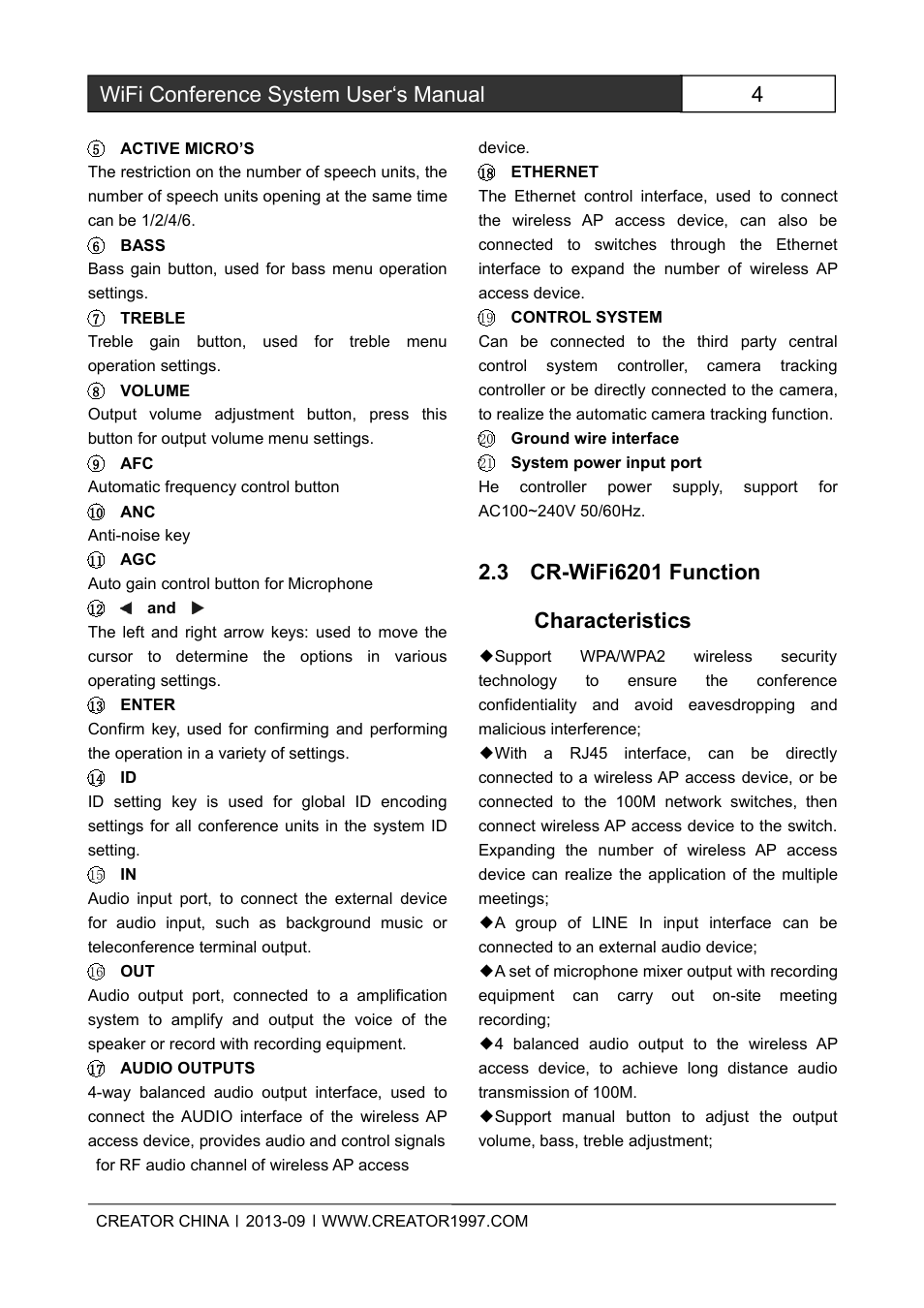 3cr-wifi6201functioncharacteristics, 4wifi conference system user‘s manual | CREATOR WiFi Conference System User Manual | Page 10 / 35