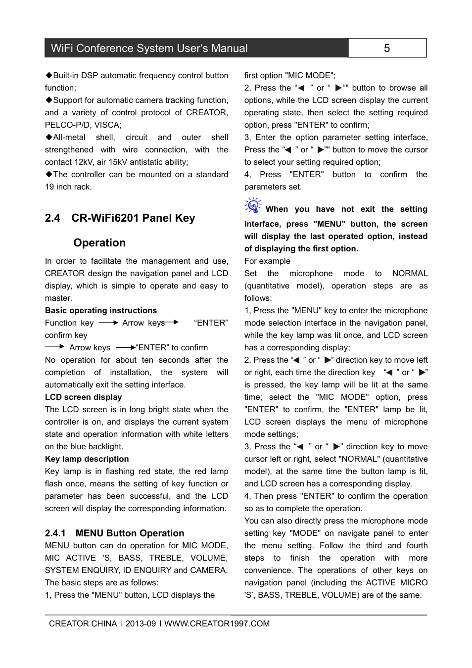 4cr-wifi6201panelkeyoperation, 1menubuttonoperation, 5wifi conference system user‘s manual | CREATOR WiFi Conference System User Manual | Page 11 / 35