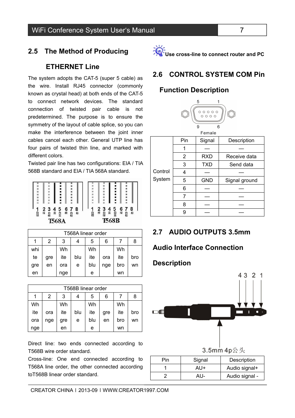 5themethodofproducingethernetline, 6controlsystemcompinfunctiondescription, 7audiooutputs3.5mmaudiointerfaceconnectio | 6 control system com pin function description | CREATOR WiFi Conference System User Manual | Page 13 / 35