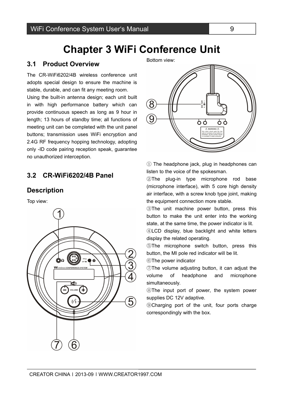 Chapter3wificonferenceunit, 1productoverview, 2cr-wifi6202/4bpaneldescription | Chapter 3 wifi conference unit, 9wifi conference system user‘s manual, 1 product overview | CREATOR WiFi Conference System User Manual | Page 15 / 35