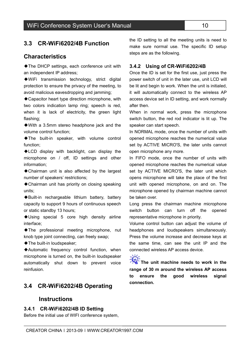 3cr-wifi6202/4bfunctioncharacteristics, 4cr-wifi6202/4boperatinginstructions, 1cr-wifi6202/4bidsetting | 2usingofcr-wifi6202/4b | CREATOR WiFi Conference System User Manual | Page 16 / 35