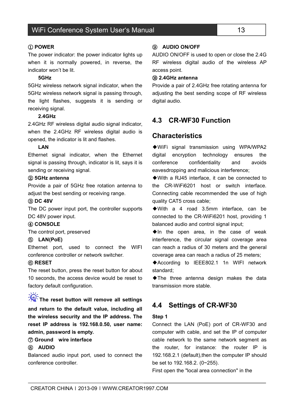 3cr-wf30functioncharacteristics, 4settingsofcr-wf30, 13 wifi conference system user‘s manual | 3 cr-wf30 function characteristics, 4 settings of cr-wf30 | CREATOR WiFi Conference System User Manual | Page 19 / 35
