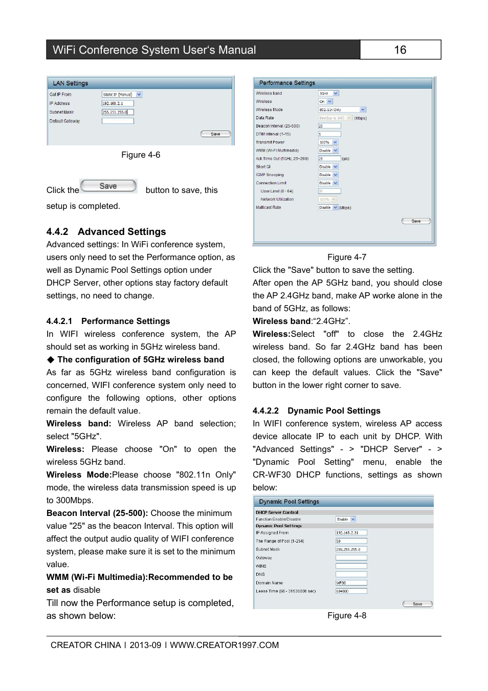 2advancedsettings, 1performancesettings, 2dynamicpoolsettings | 16 wifi conference system user‘s manual | CREATOR WiFi Conference System User Manual | Page 22 / 35