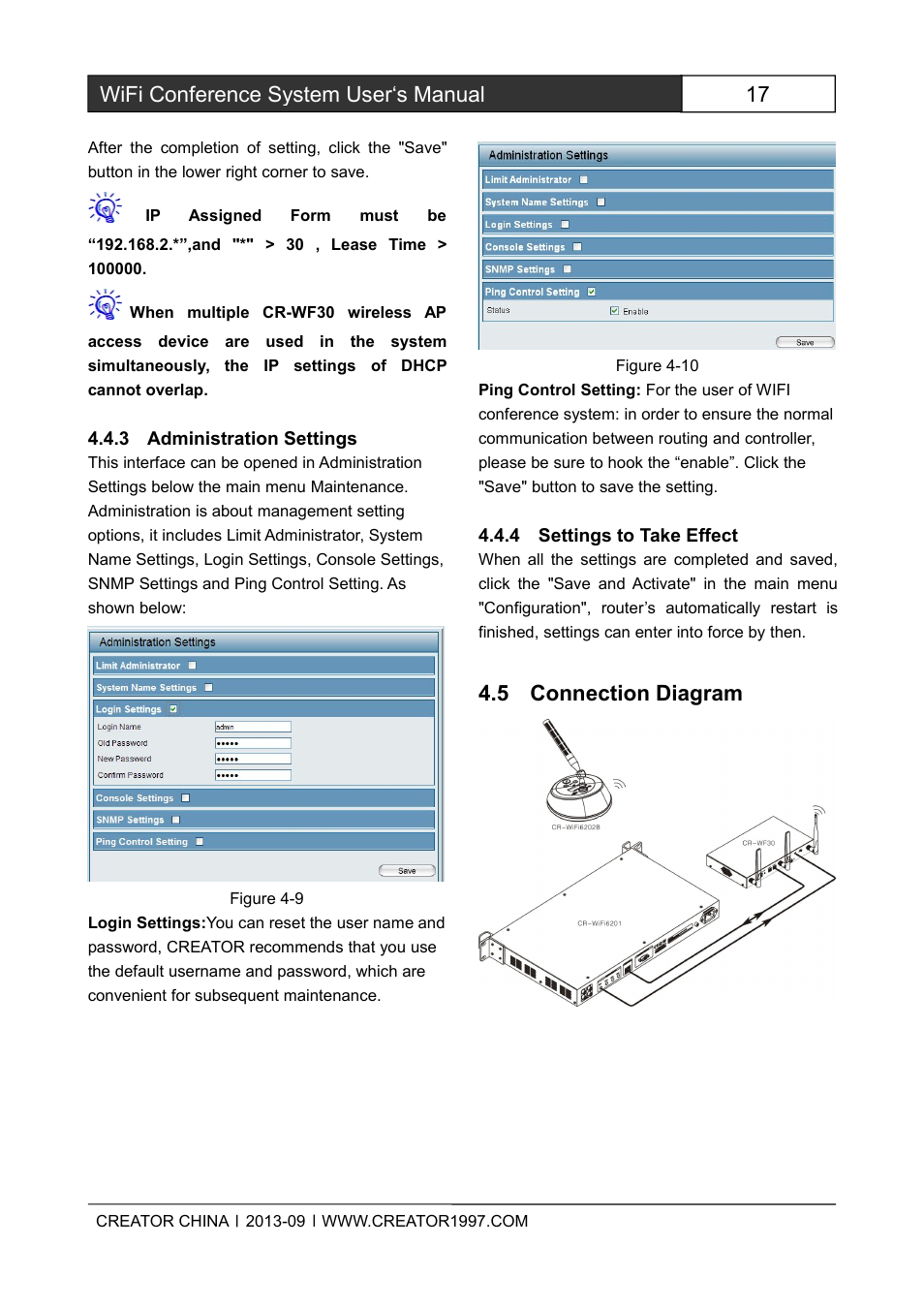 3administrationsettings, 4settingstotakeeffect, 5connectiondiagram | 17 wifi conference system user‘s manual, 5 connection diagram | CREATOR WiFi Conference System User Manual | Page 23 / 35