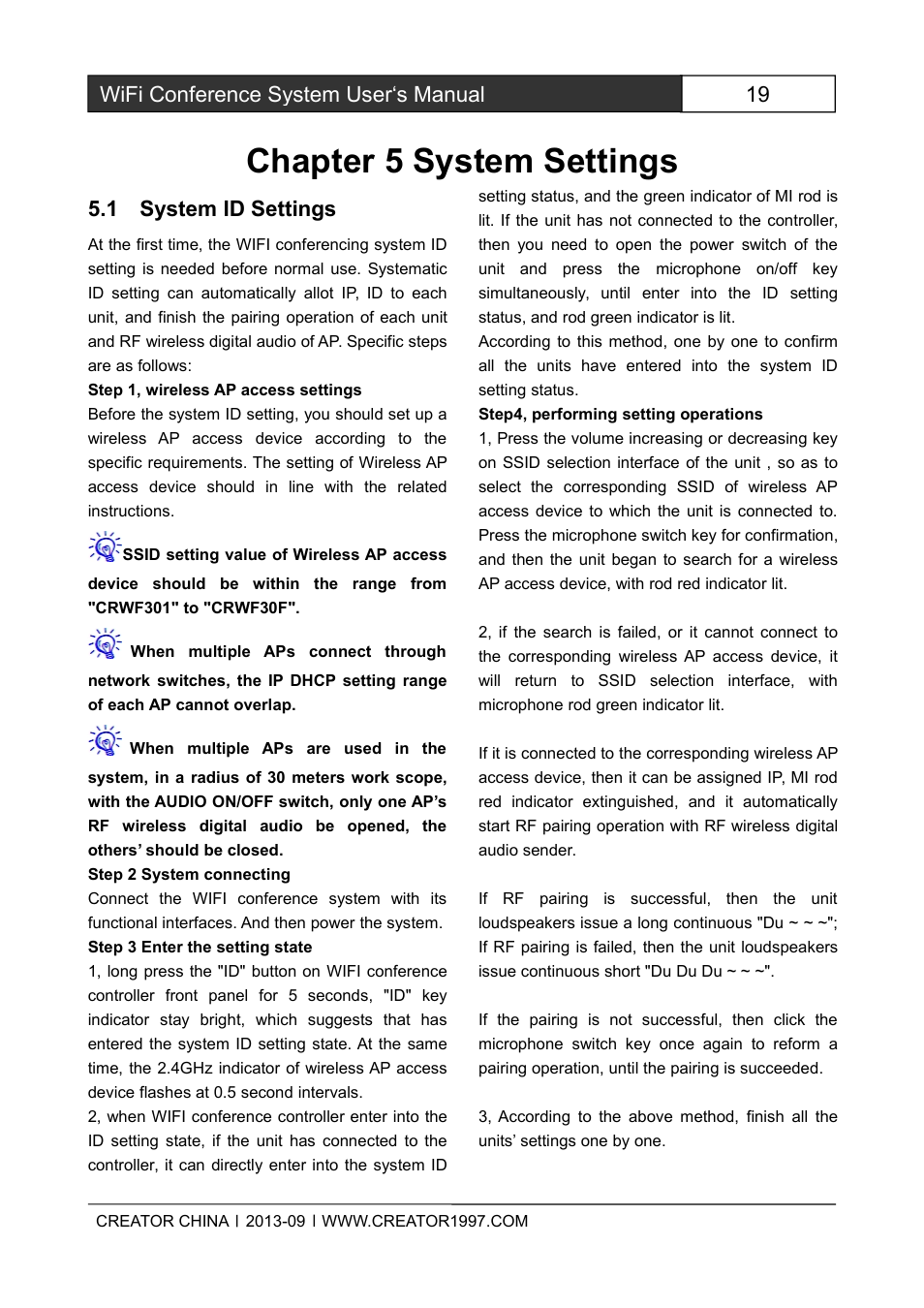 Chapter5systemsettings, 1systemidsettings, Chapter 5 system settings | 19 wifi conference system user‘s manual, 1 system id settings | CREATOR WiFi Conference System User Manual | Page 25 / 35