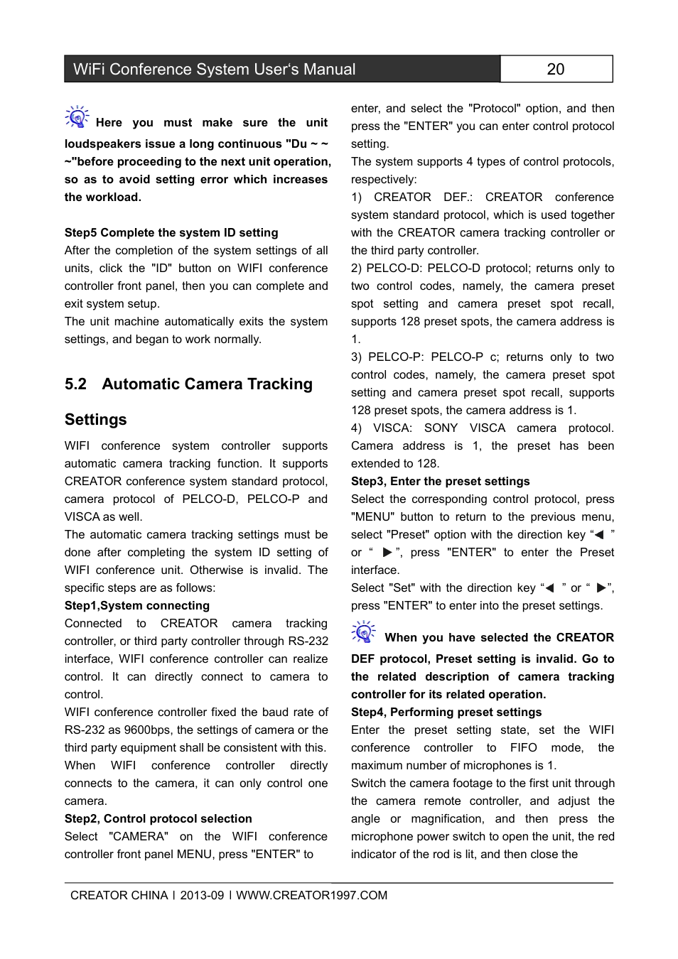 2automaticcameratrackingsettings, 20 wifi conference system user‘s manual, 2 automatic camera tracking settings | CREATOR WiFi Conference System User Manual | Page 26 / 35