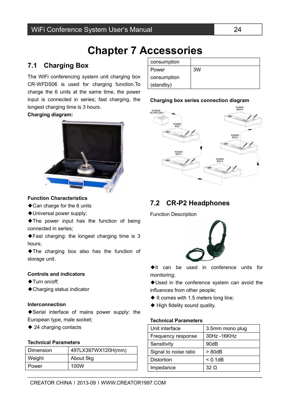 Chapter7accessories, 1chargingbox, 2cr-p2headphones | Chapter 7 accessories, 24 wifi conference system user‘s manual, 1 charging box, 2 cr-p2 headphones | CREATOR WiFi Conference System User Manual | Page 30 / 35