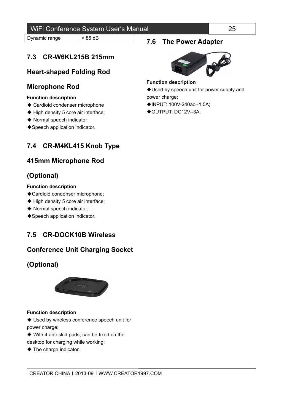 3cr-w6kl215b215mmheart-shapedfoldingrodmi, 4cr-m4kl415knobtype415mmmicrophonerod(op, 5cr-dock10bwirelessconferenceunitcharging | 25 wifi conference system user‘s manual, 6 the power adapter | CREATOR WiFi Conference System User Manual | Page 31 / 35