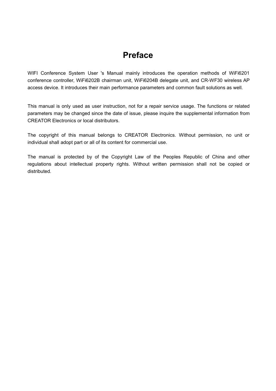 Preface | CREATOR WiFi Conference System User Manual | Page 4 / 35