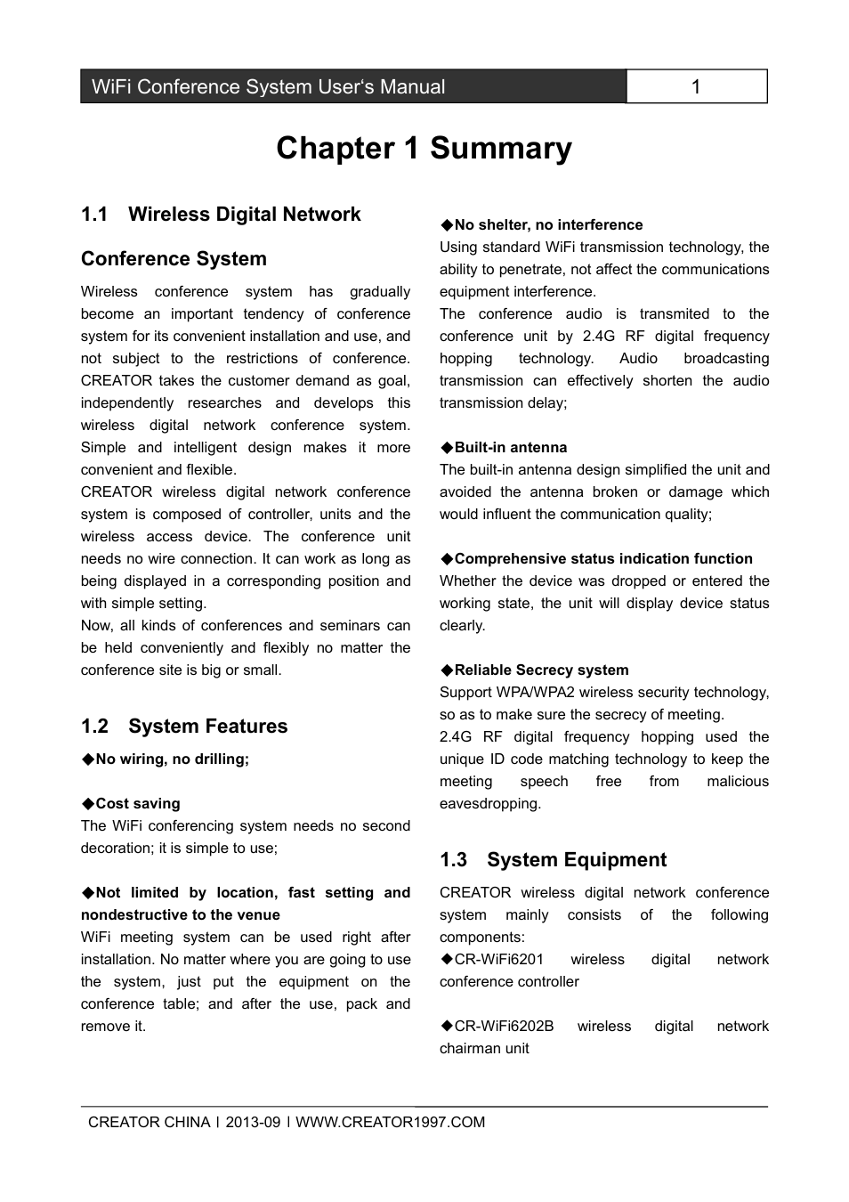 Chapter1summary, 1wirelessdigitalnetworkconferencesystem, 2systemfeatures | 3systemequipment, Chapter 1 summary, 1wifi conference system user‘s manual, 1 wireless digital network conference system, 2 system features, 3 system equipment | CREATOR WiFi Conference System User Manual | Page 7 / 35