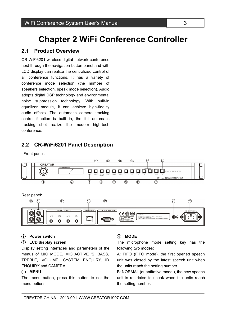 Chapter2wificonferencecontroller, 1productoverview, 2cr-wifi6201paneldescription | Chapter 2 wifi conference controller, 3wifi conference system user‘s manual, 1 product overview | CREATOR WiFi Conference System User Manual | Page 9 / 35