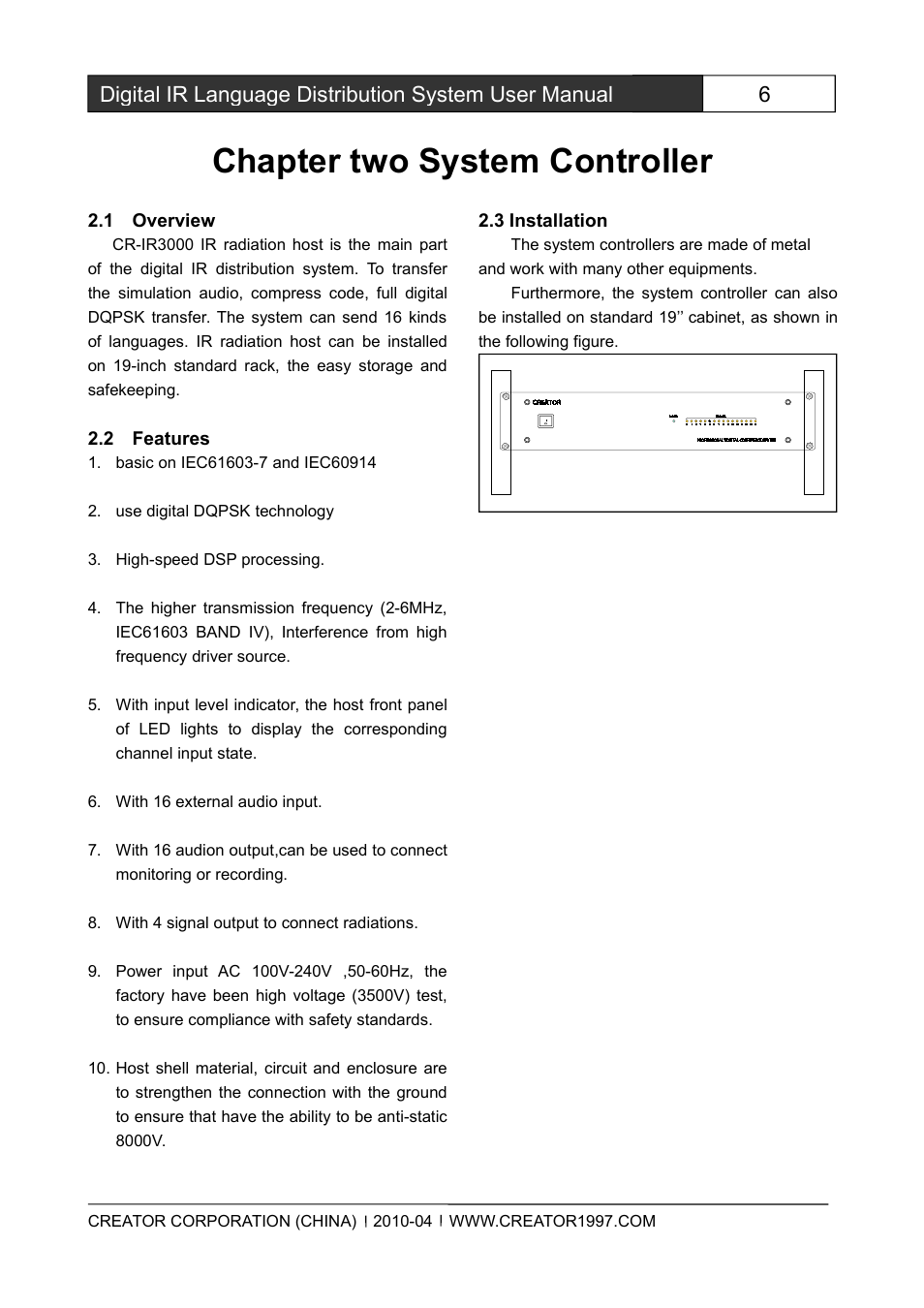 Chaptertwosystemcontroller, 1overview, 2features | 3installation, Chapter two system controller | CREATOR Wireless IR Interpretation System User Manual | Page 13 / 28