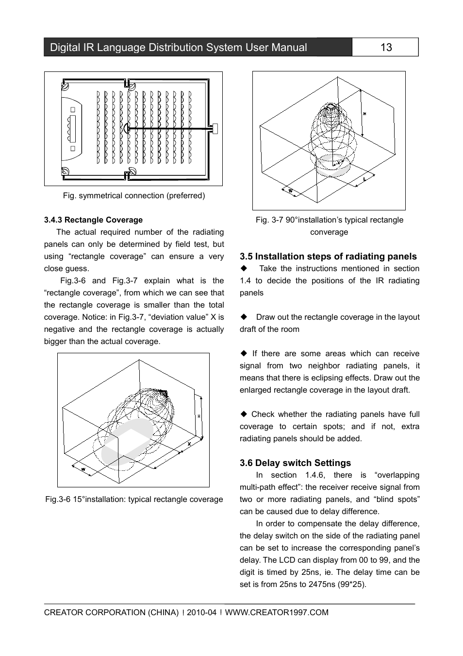 3rectanglecoverage, 5installationstepsofradiatingpanels, 6delayswitchsettings | CREATOR Wireless IR Interpretation System User Manual | Page 20 / 28