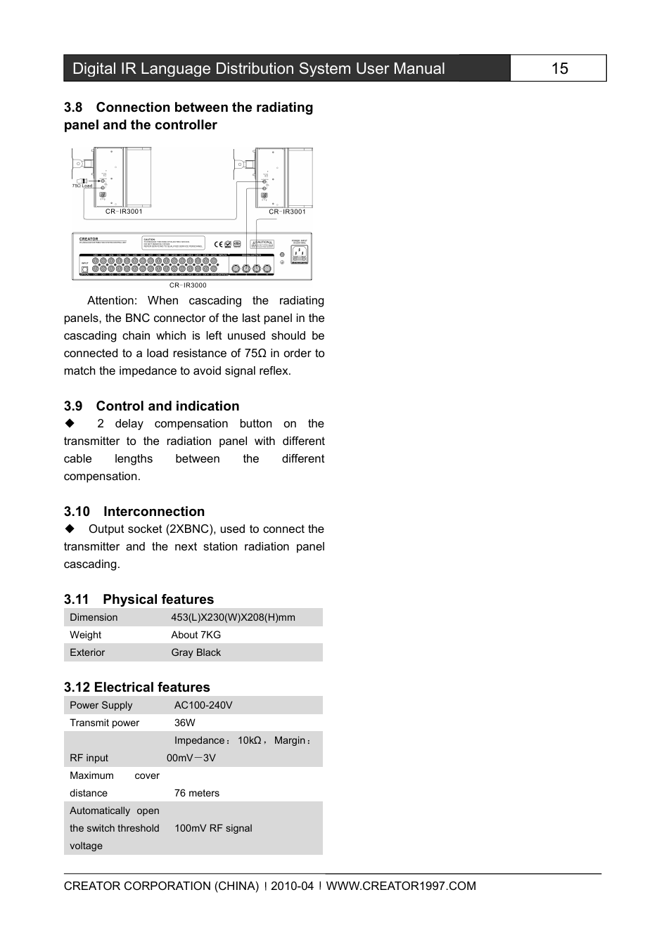 8connectionbetweentheradiatingpanelandth, 9controlandindication, 10interconnection | 11physicalfeatures, 12electricalfeatures | CREATOR Wireless IR Interpretation System User Manual | Page 22 / 28