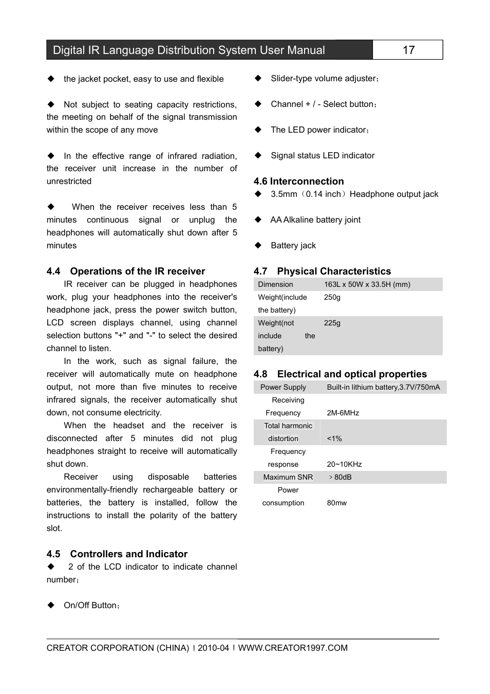 4operationsoftheirreceiver, 5controllersandindicator, 6interconnection | Physicalcharacteristics, 8electricalandopticalproperties | CREATOR Wireless IR Interpretation System User Manual | Page 24 / 28