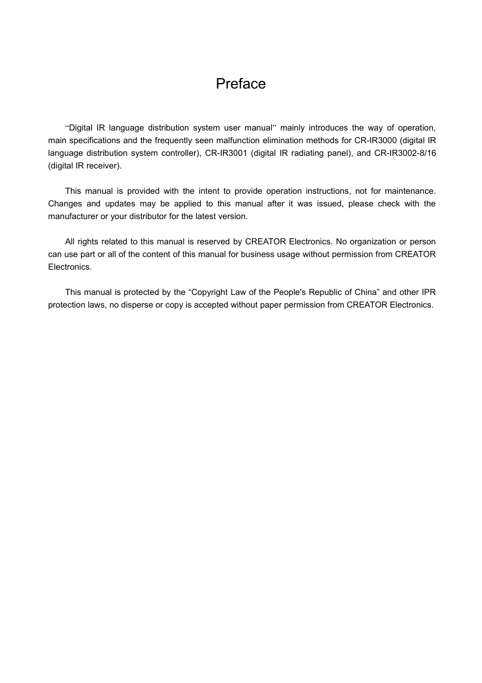 Preface | CREATOR Wireless IR Interpretation System User Manual | Page 5 / 28