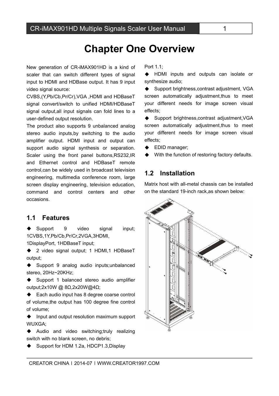 Chapteroneoverview, 1features, 2installation | Chapter one overview, 1cr-imax901hd multiple signals scaler user manual, 1 features, 2 installation | CREATOR CR-iMAX901HD User Manual | Page 6 / 21