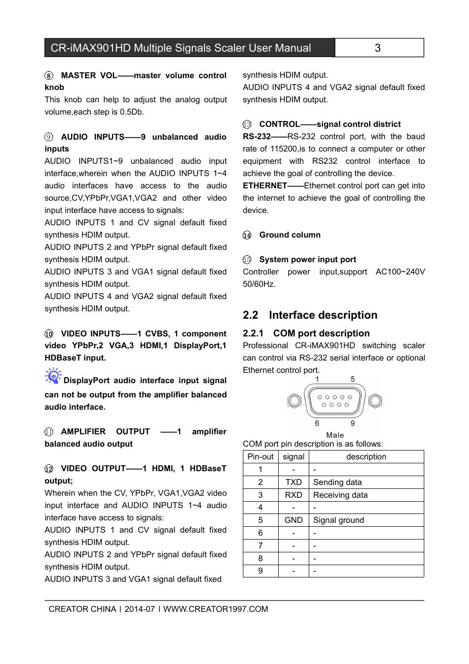 2interfacedescription, 1comportdescription, 3cr-imax901hd multiple signals scaler user manual | 2 interface description | CREATOR CR-iMAX901HD User Manual | Page 8 / 21