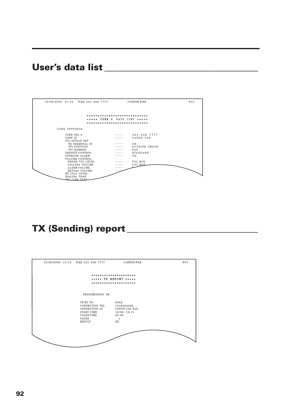 User’s data list, Tx (sending) report | Canon FAX-B155 User Manual | Page 104 / 141