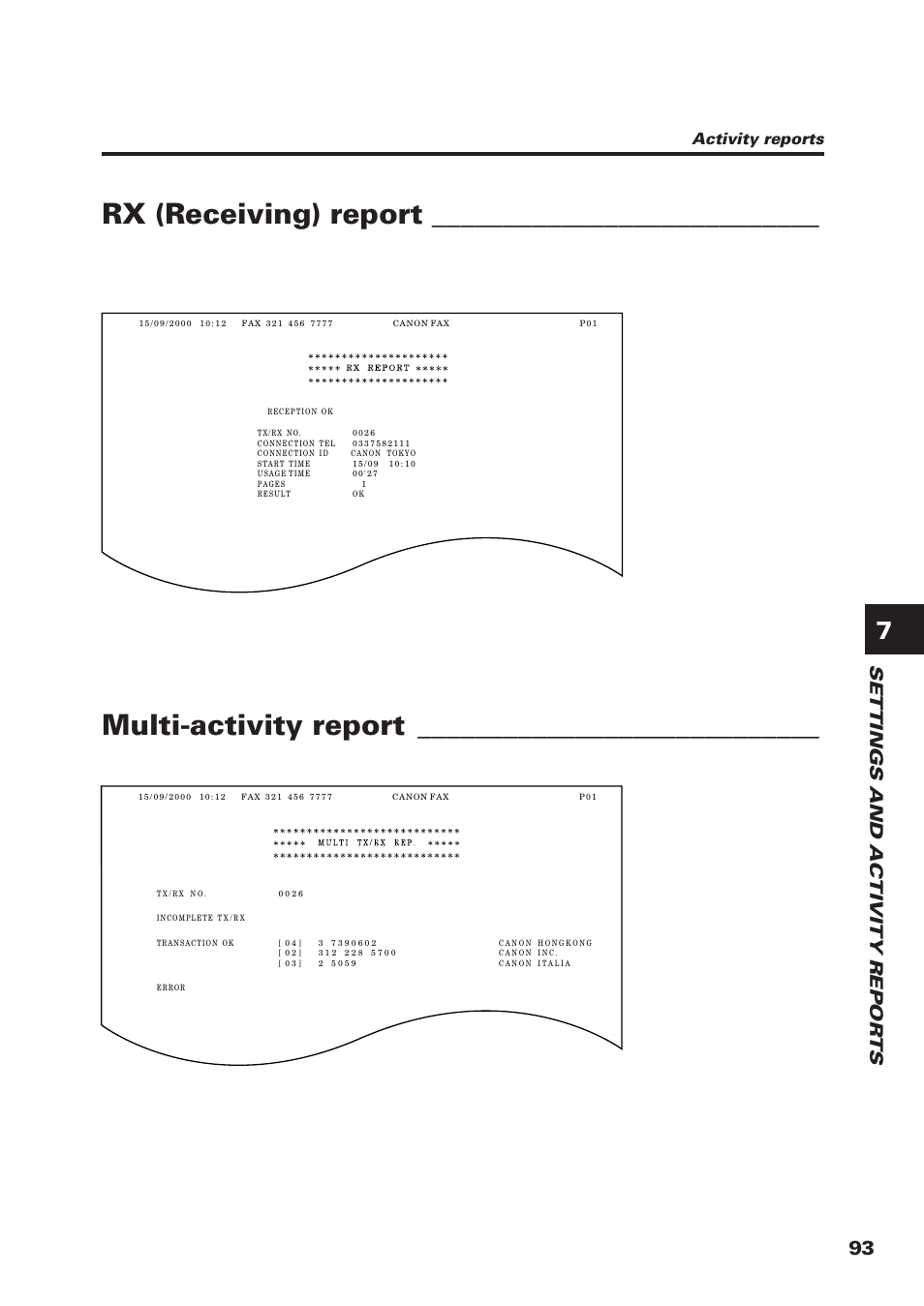 Rx (receiving) report, Multi-activity report, Settings and activity repor ts | Activity reports | Canon FAX-B155 User Manual | Page 105 / 141