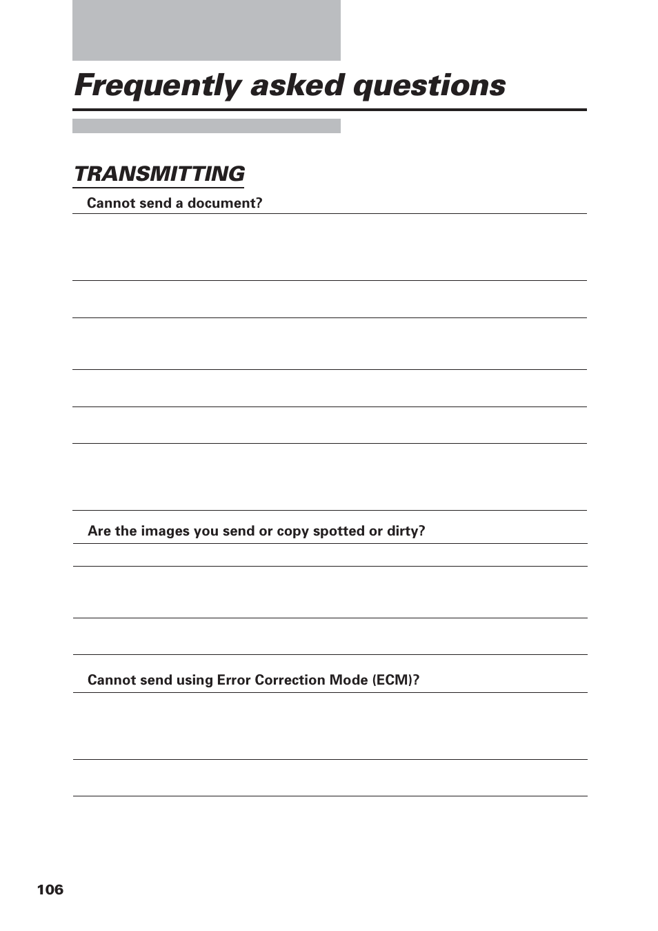 Frequently asked questions, Transmitting | Canon FAX-B155 User Manual | Page 118 / 141