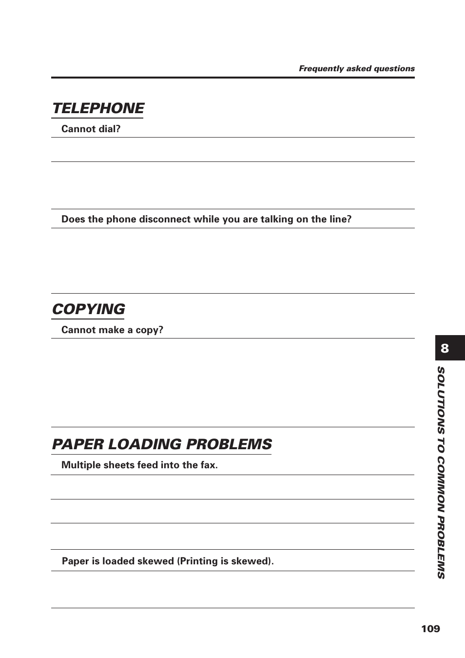 Copying, Paper loading problems, Telephone | Canon FAX-B155 User Manual | Page 121 / 141