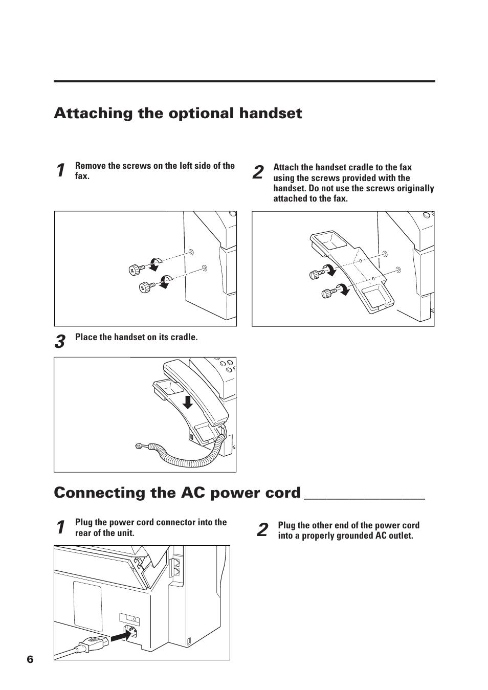 Attaching the optional handset, Connecting the ac power cord | Canon FAX-B155 User Manual | Page 18 / 141