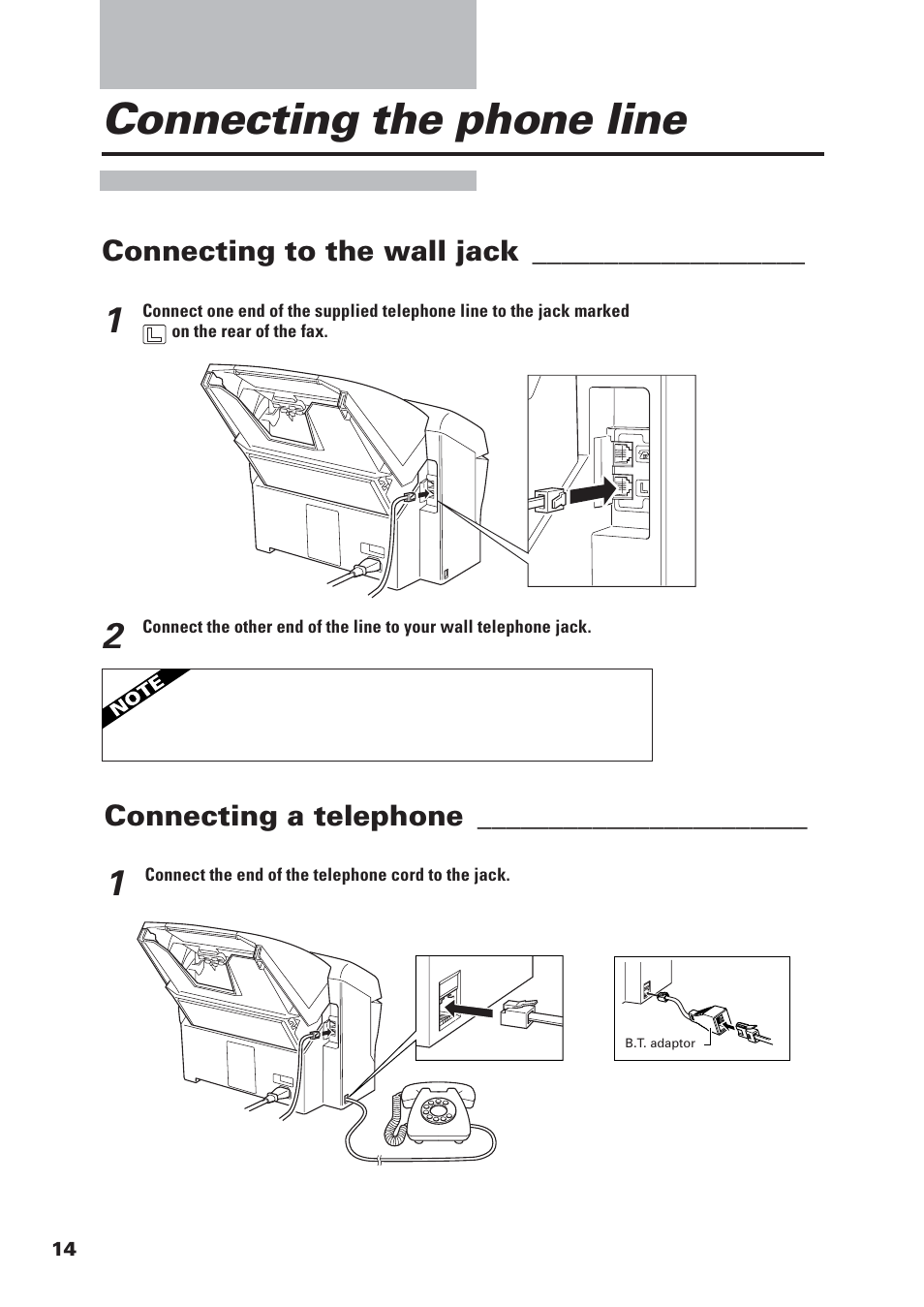 Connecting the phone line, Connecting to the wall jack, Connecting a telephone | Canon FAX-B155 User Manual | Page 26 / 141