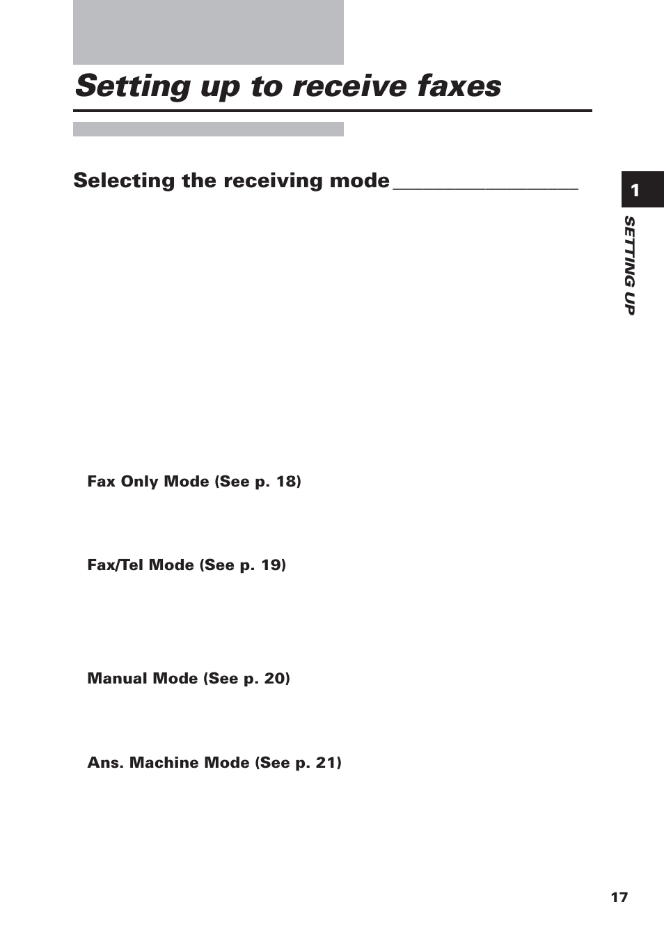 Setting up to receive faxes, Selecting the receiving mode | Canon FAX-B155 User Manual | Page 29 / 141