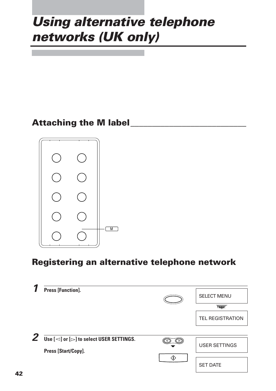 Using alternative telephone networks (uk only), Attaching the m label, Registering an alternative telephone network | Canon FAX-B155 User Manual | Page 54 / 141