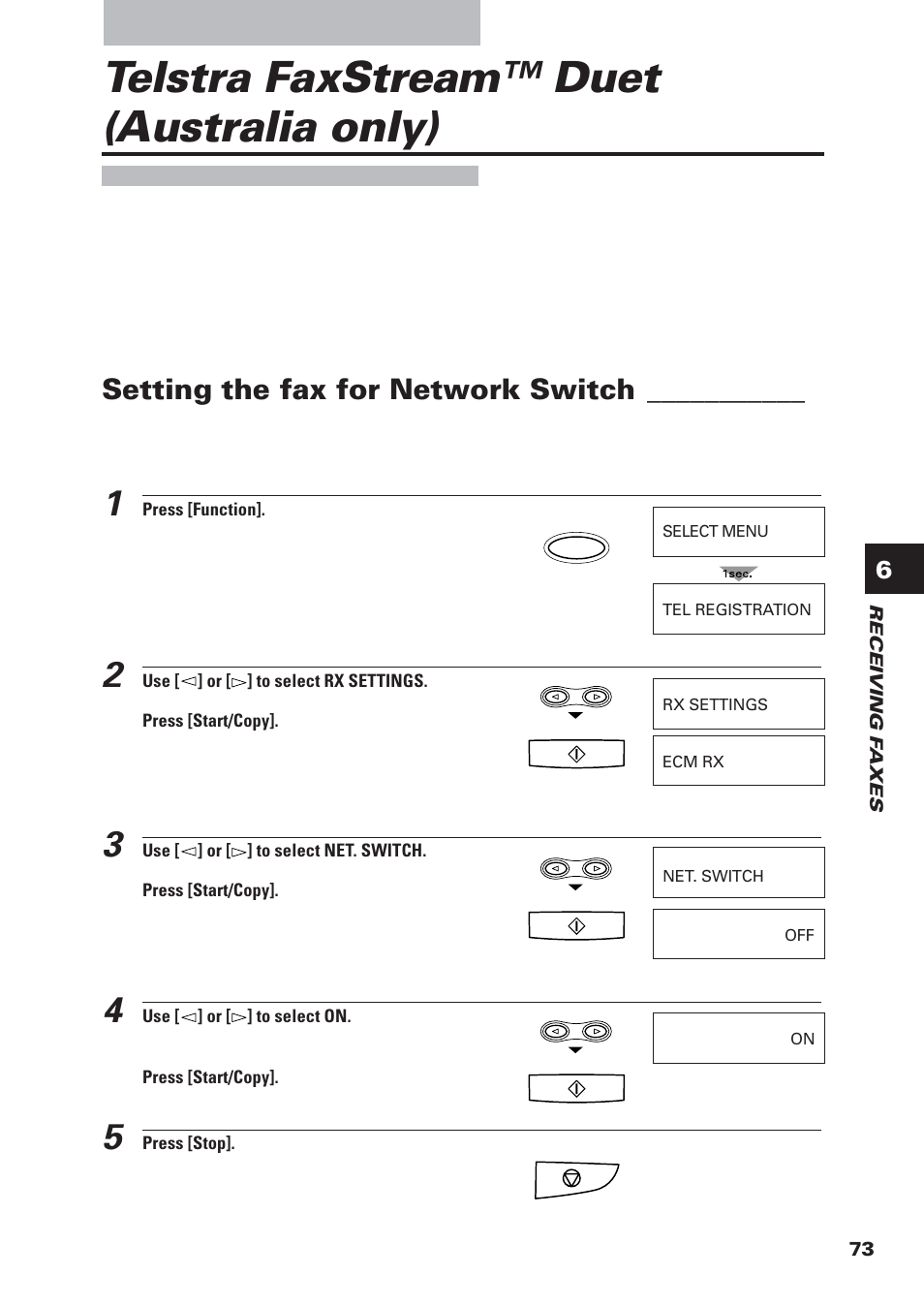 Telstra faxstream™ duet (australia only), Setting the fax for network switch | Canon FAX-B155 User Manual | Page 85 / 141