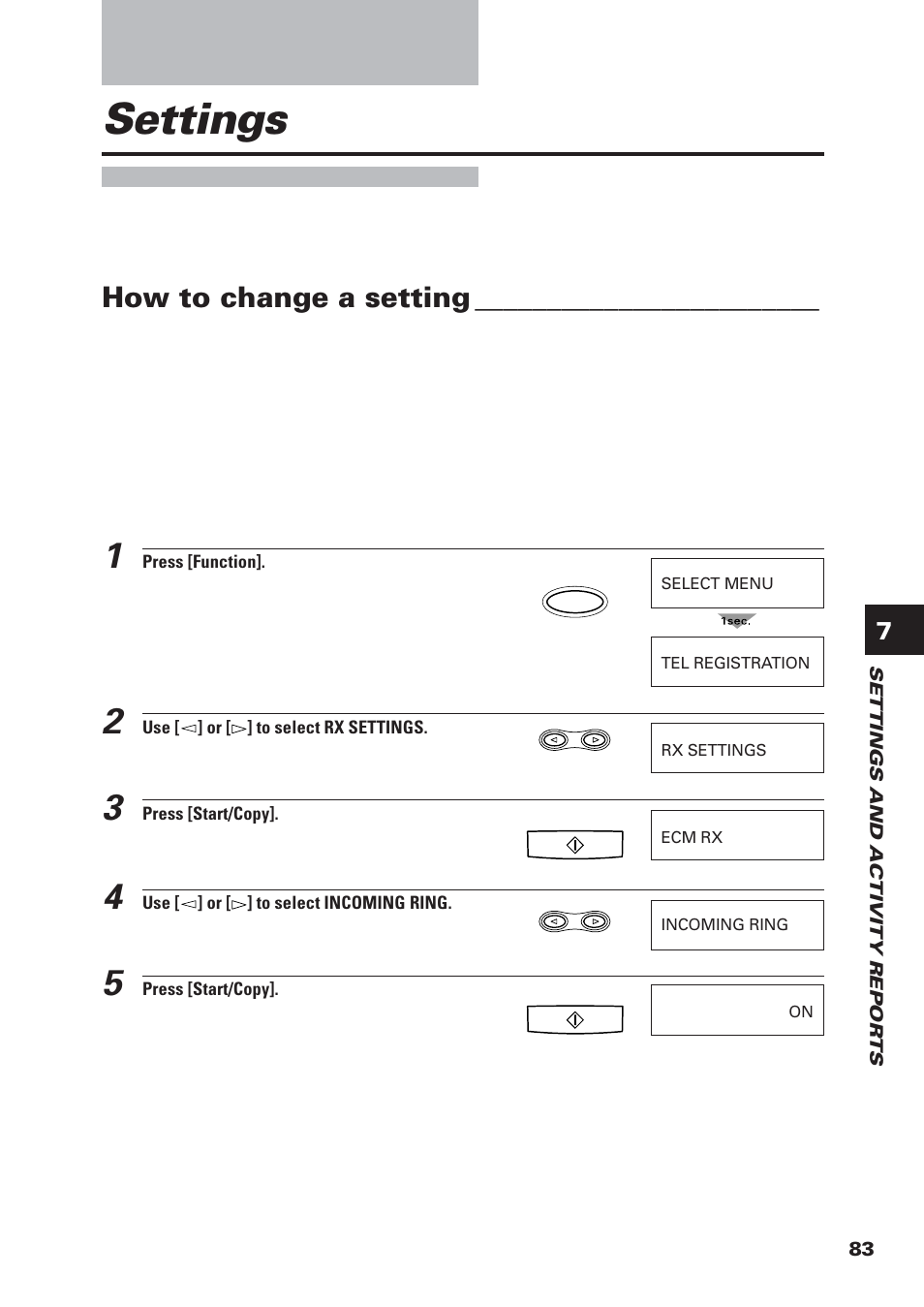 Settings, How to change a setting | Canon FAX-B155 User Manual | Page 95 / 141