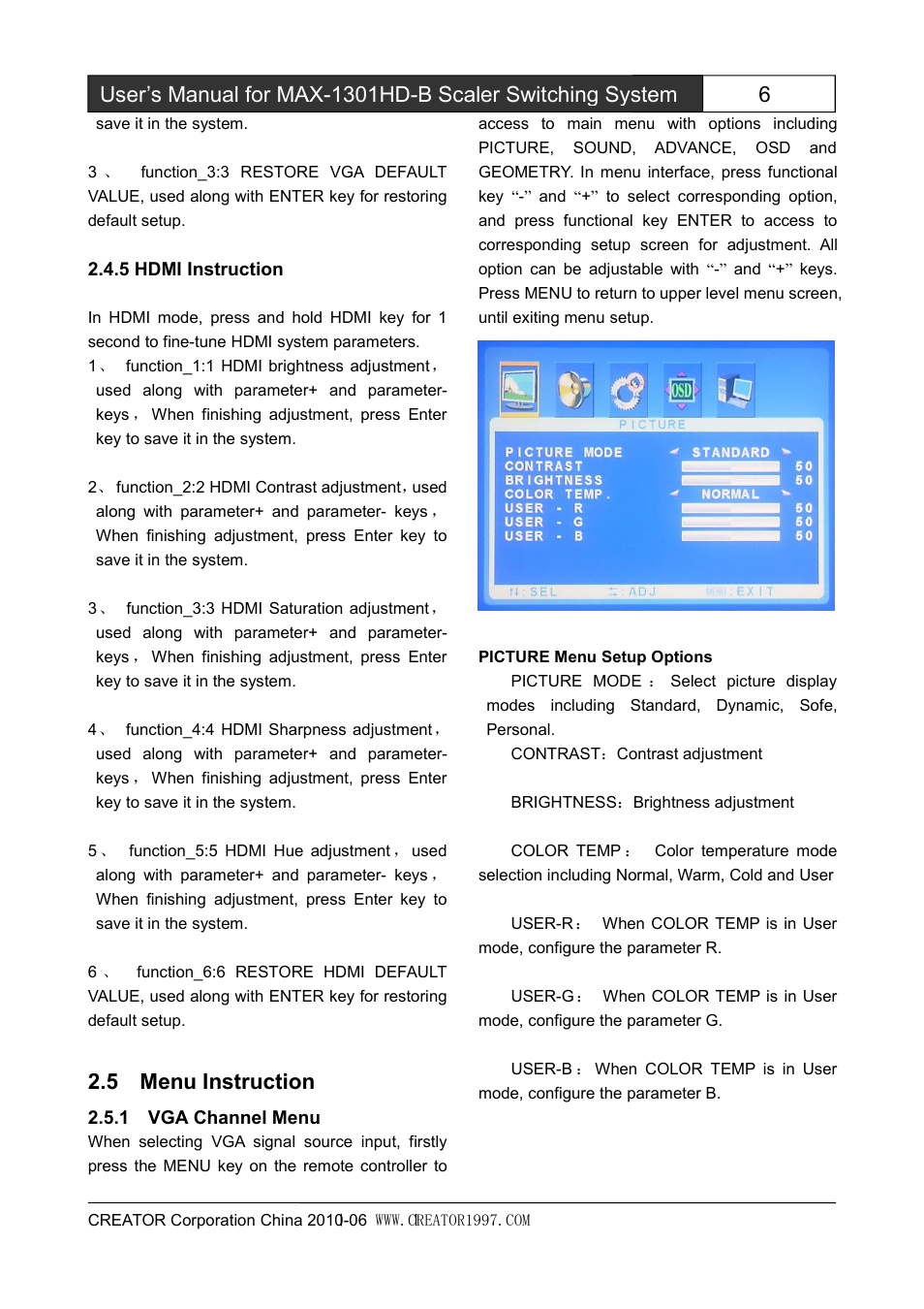 5hdmiinstruction, 5menuinstruction, 1vgachannelmenu | 5 menu instruction | CREATOR MAX-1301HD-B User Manual | Page 11 / 26