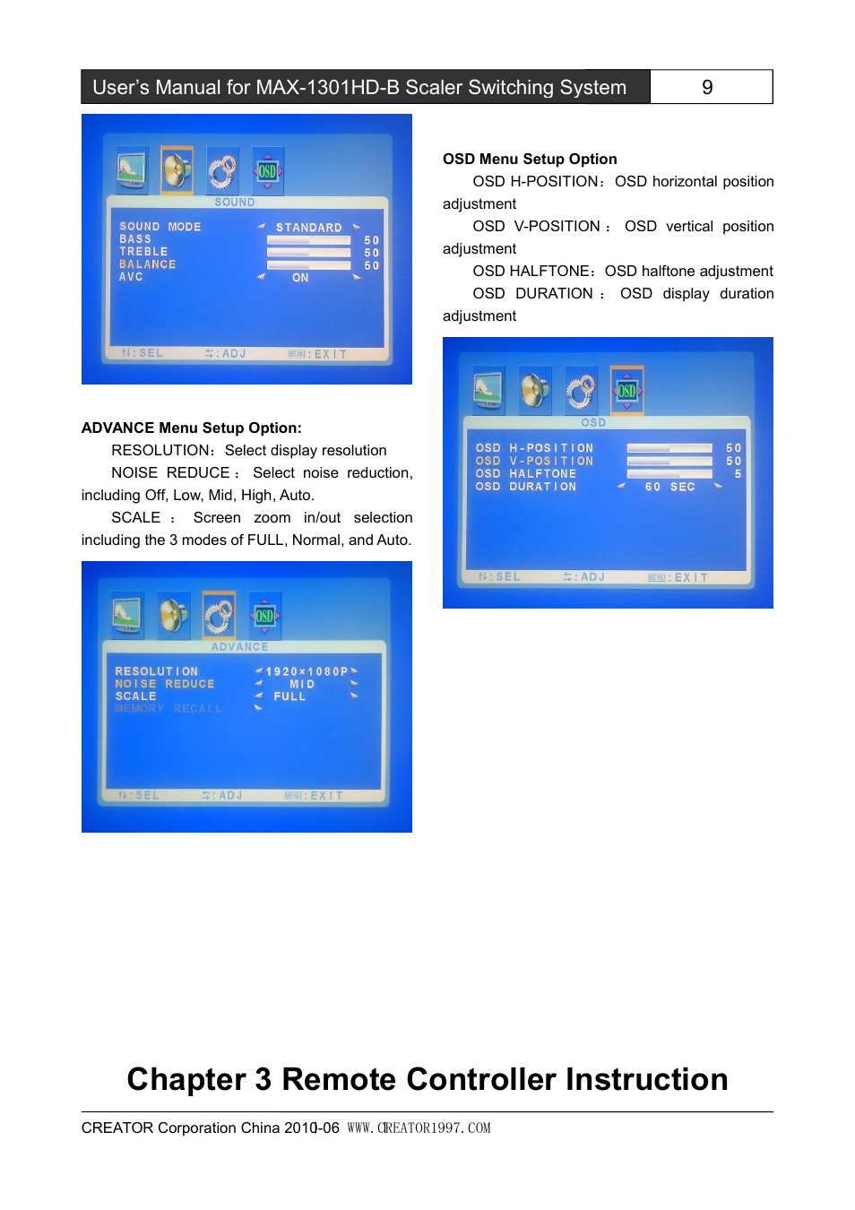 Chapter3remotecontrollerinstruction, Chapter 3 remote controller instruction | CREATOR MAX-1301HD-B User Manual | Page 14 / 26