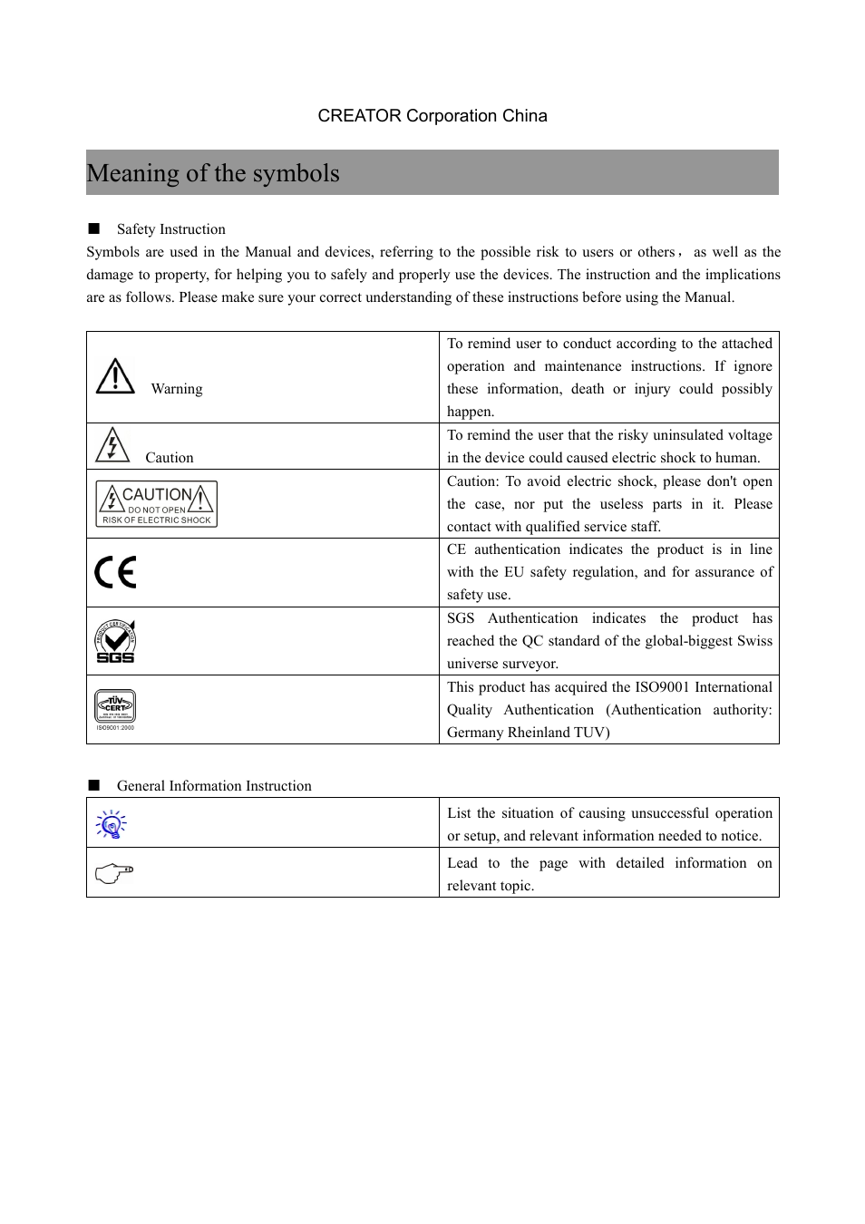 Meaning of the symbols | CREATOR MAX-1301HD-B User Manual | Page 2 / 26