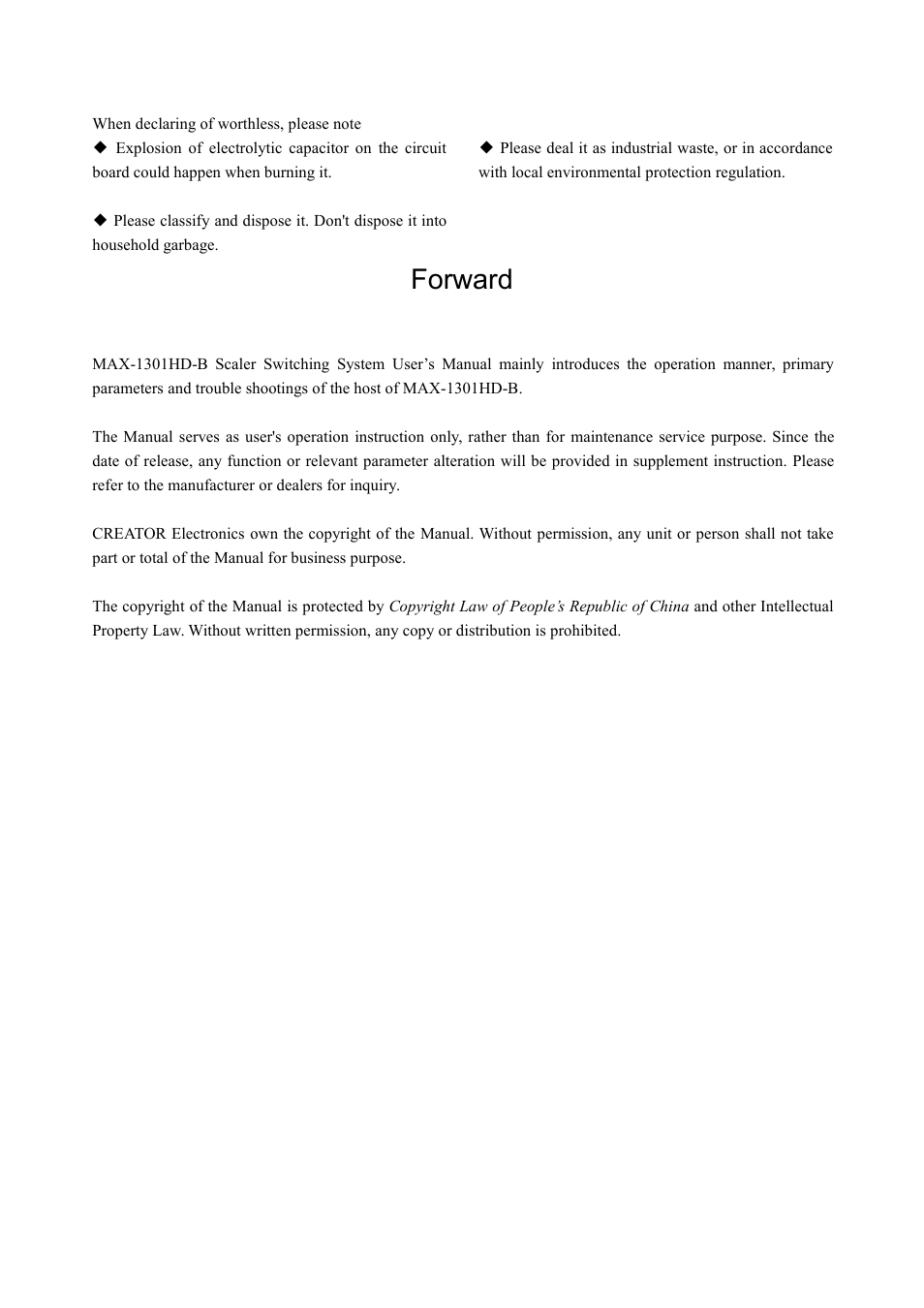 Forward | CREATOR MAX-1301HD-B User Manual | Page 4 / 26