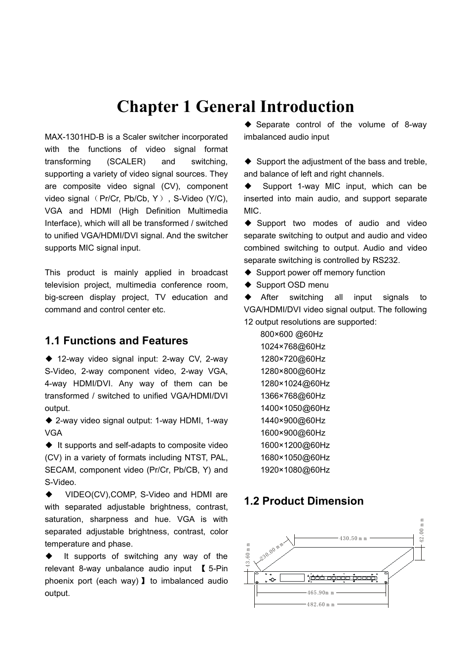 Chapter1generalintroduction, 1functionsandfeatures, 2productdimension | Chapter 1 general introduction, 1 functions and features, 2 product dimension | CREATOR MAX-1301HD-B User Manual | Page 6 / 26