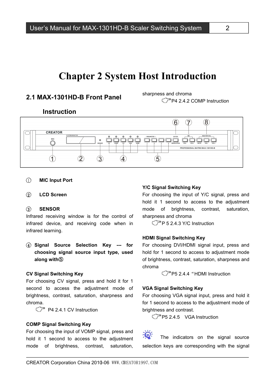 Chapter2systemhostintroduction, 1max-1301hd-bfrontpanelinstruction, Chapter 2 system host introduction | CREATOR MAX-1301HD-B User Manual | Page 7 / 26