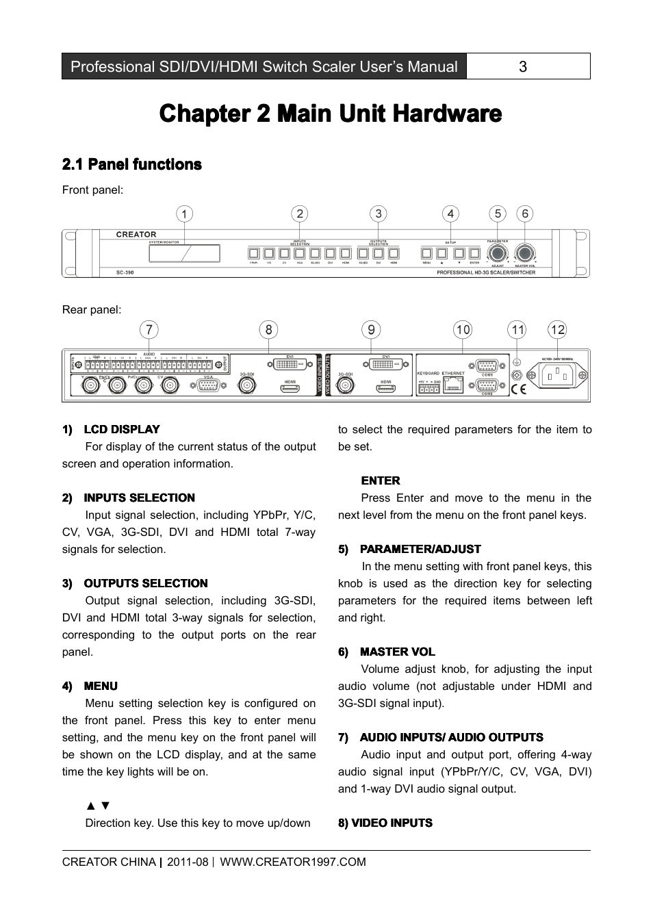 Chapter2mainunithardware, 1panelfunctions, Chapter 2 main unit hardware | Panel functions, Chapter | CREATOR SC-390 User Manual | Page 10 / 30
