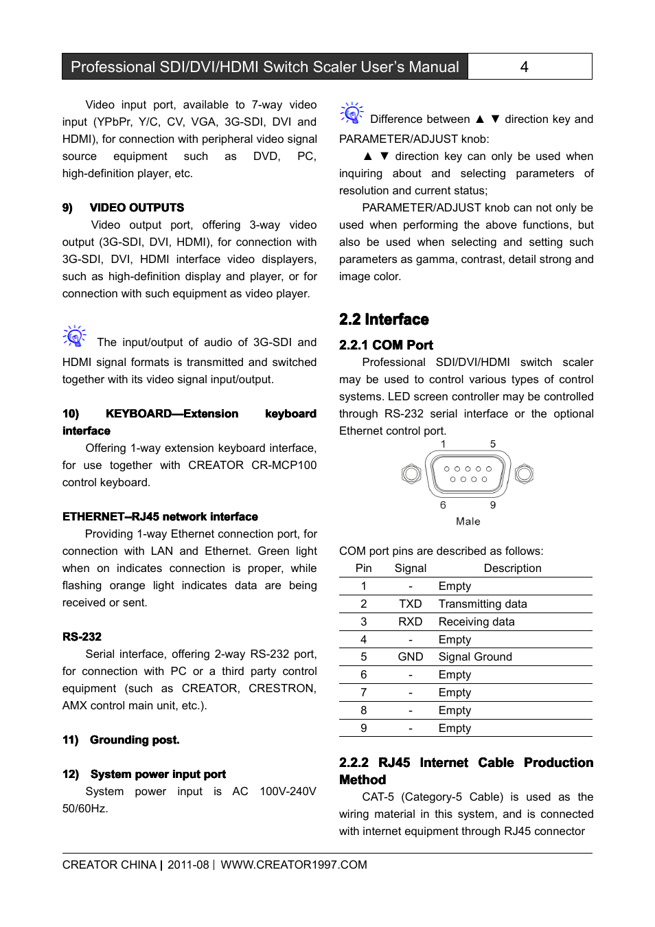 2interface, 1comport, 2rj45internetcableproductionmethod | Interface, Com port, Rj45 internet cable production method, 2 2.2 interface interface interface interface | CREATOR SC-390 User Manual | Page 11 / 30