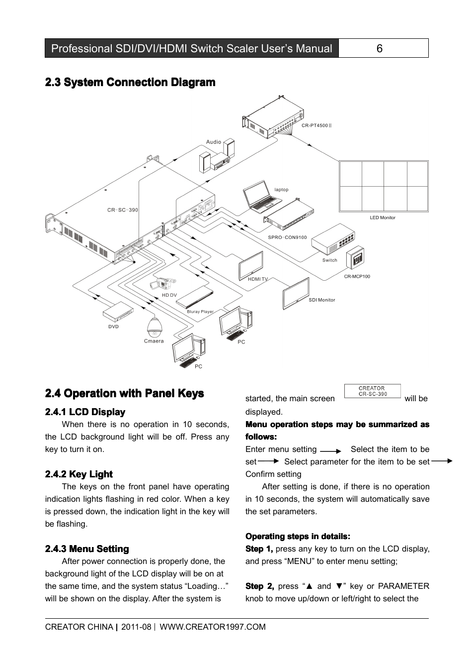 3systemconnectiondiagram, 4operationwithpanelkeys, 1lcddisplay | 2keylight, 3menusetting, System connection diagram, Operation with panel keys, Lcd display, Key light, Menu setting | CREATOR SC-390 User Manual | Page 13 / 30