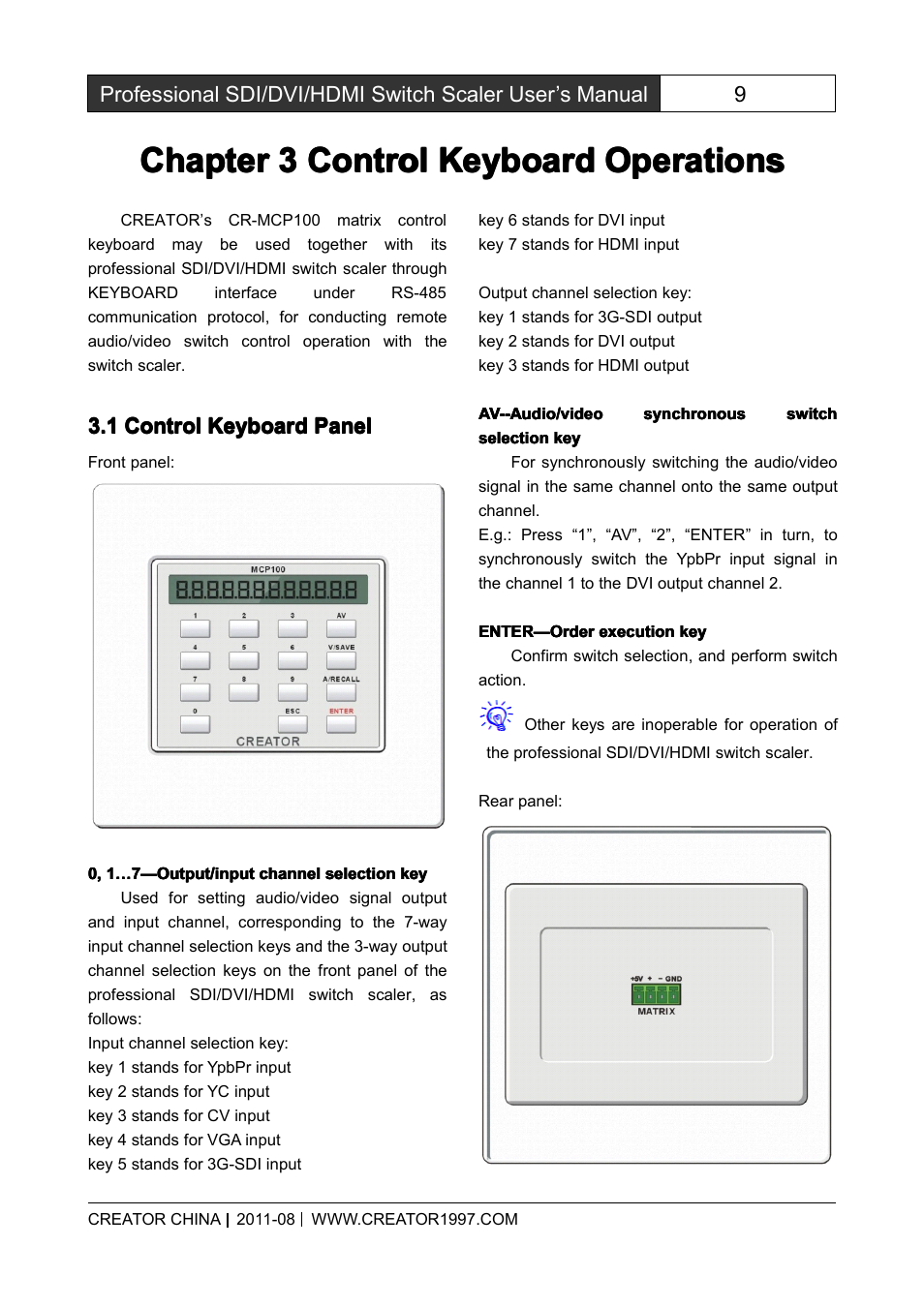 Chapter3controlkeyboardoperations, 1controlkeyboardpanel, Chapter 3 control keyboard operations | Control keyboard panel, Chapter | CREATOR SC-390 User Manual | Page 16 / 30
