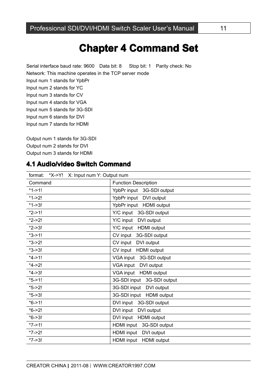 Chapter4commandset, 1audio/videoswitchcommand, Chapter 4 command set | Audio/video switch command, Chapter | CREATOR SC-390 User Manual | Page 18 / 30