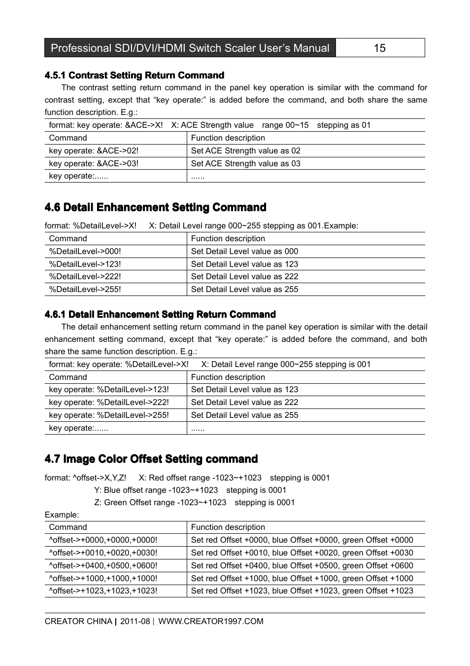 1contrastsettingreturncommand, 6detailenhancementsettingcommand, 1detailenhancementsettingreturncommand | 7imagecoloroffsetsettingcommand, Contrast setting return command, Detail enhancement setting command, Detail enhancement setting return command, Image color offset setting command | CREATOR SC-390 User Manual | Page 22 / 30