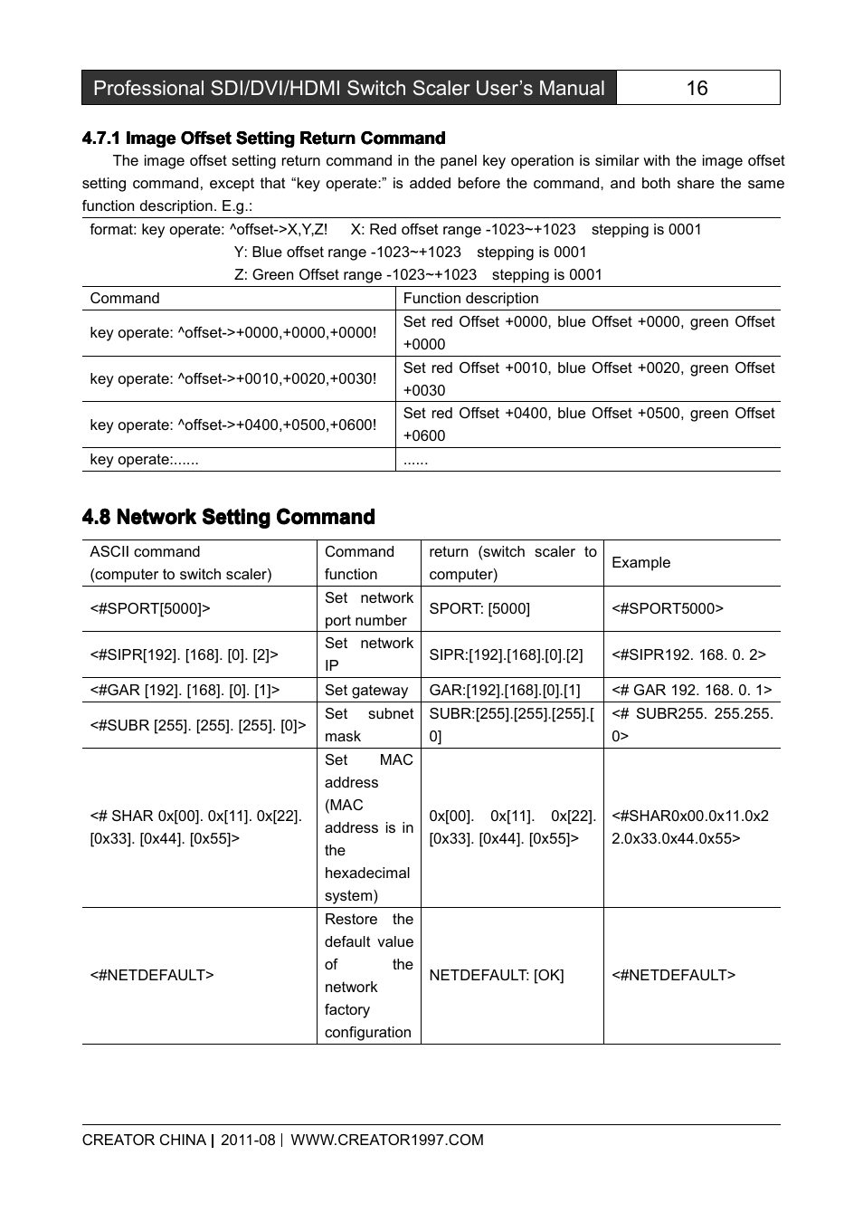 1imageoffsetsettingreturncommand, 8networksettingcommand, Image offset setting return command | Network setting command | CREATOR SC-390 User Manual | Page 23 / 30