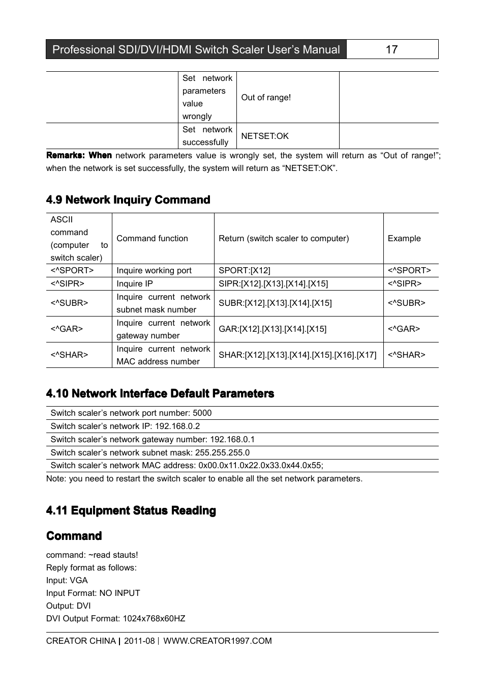9networkinquirycommand, 10networkinterfacedefaultparameters, 11equipmentstatusreadingcommand | Network inquiry command, Network interface default parameters, Equipment status reading command | CREATOR SC-390 User Manual | Page 24 / 30